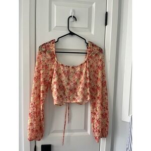 Forever 21 Floral Print Ruched Cropped Long Sleeve Top Square Neck Festival